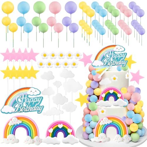 82-Piece Boho Rainbow Cake Topper Set with Flowers, Balls, and Stars – Draupnir