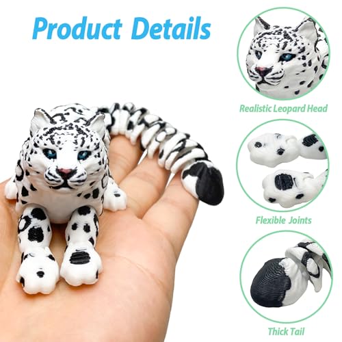 8in Articulated 3D Printed Snow Leopard – Flexible PLA Figurine for Desk Decor & Stress Relief