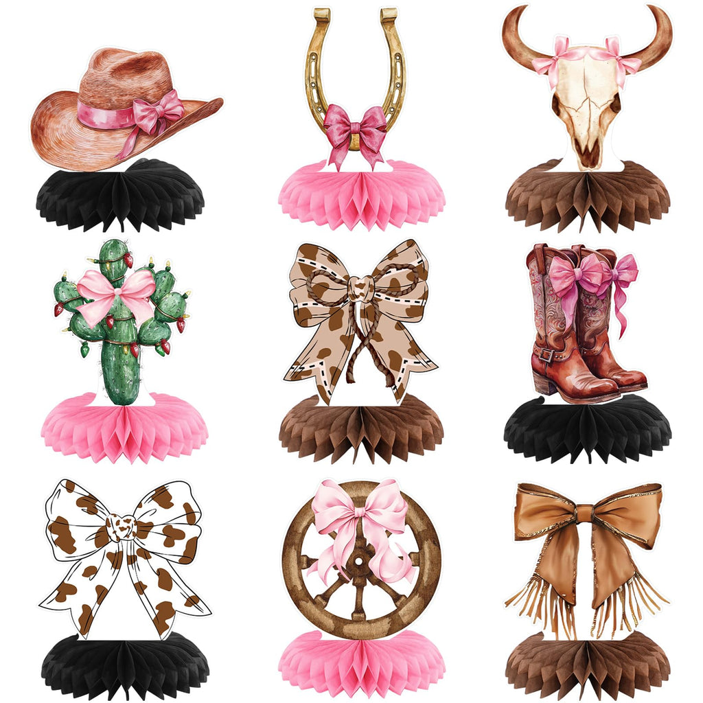 9 Cowgirl Honeycomb Centerpieces - Pink Western Party Decor for Table - Boots, Hats, Bows - Rodeo Birthday Bachelorette Baby Shower