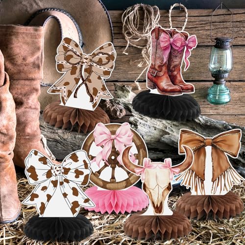 9 Cowgirl Honeycomb Centerpieces - Pink Western Party Decor for Table - Boots, Hats, Bows - Rodeo Birthday Bachelorette Baby Shower