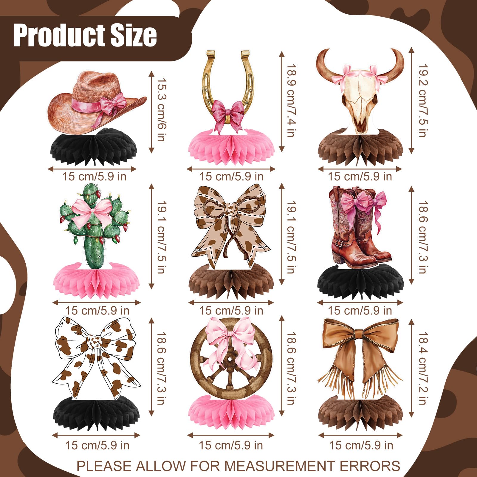 9 Cowgirl Honeycomb Centerpieces - Pink Western Party Decor for Table - Boots, Hats, Bows - Rodeo Birthday Bachelorette Baby Shower