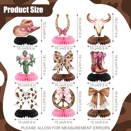 9 Cowgirl Honeycomb Centerpieces - Pink Western Party Decor for Table - Boots, Hats, Bows - Rodeo Birthday Bachelorette Baby Shower