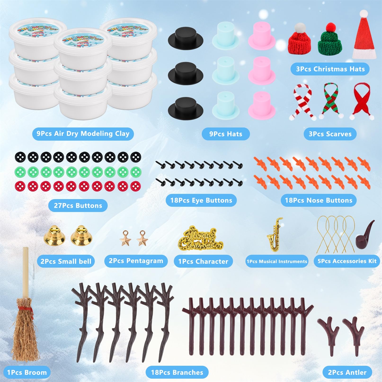 9-Pack Build a Snowman Kit – Air Dry Clay Christmas Crafts for Kids, Teens, Stocking Stuffers Under $10