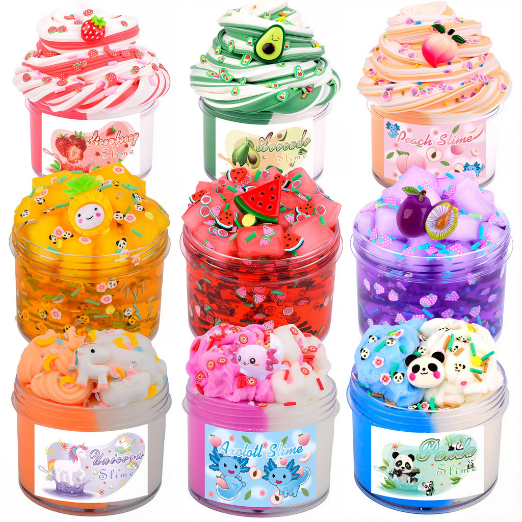 9 Pack Scented Slime Kit - Butter, Clear, Cloud Slime with Axolotl, Peach, Strawberry Add-Ins & Jelly Cube Crystal Putty - Party Favor Gift for Kids