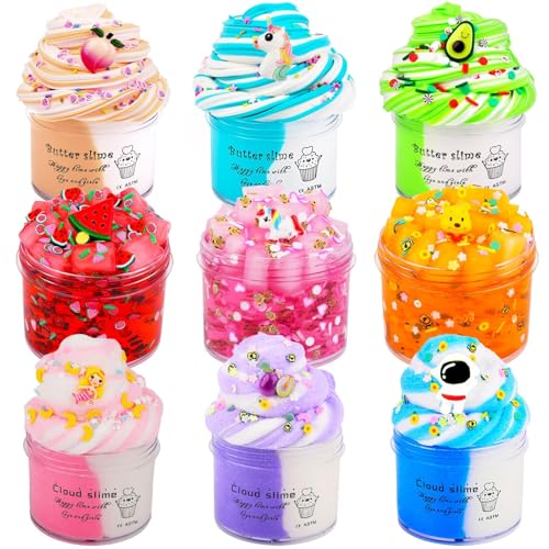 9-Pack Slime Kit with Butter Slime and Jelly Cube Crunchy Slime – Non-Sticky, Reusable, Stress Relief Toy for Kids Ages 3+