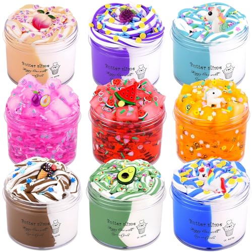 9 Pack Slime Kit with Jelly Cube and Butter Slime – Non-Sticky Stress Relief Toy with 9 Charms for Kids