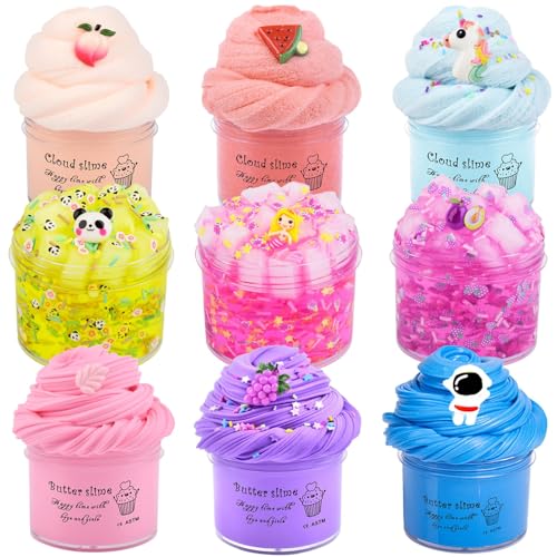 9 Pack Slime Kit with Jelly Cube Crunchy, Cloud & Butter Slimes - Non-Sticky, Pre-Made Stress Relief Toy for Kids