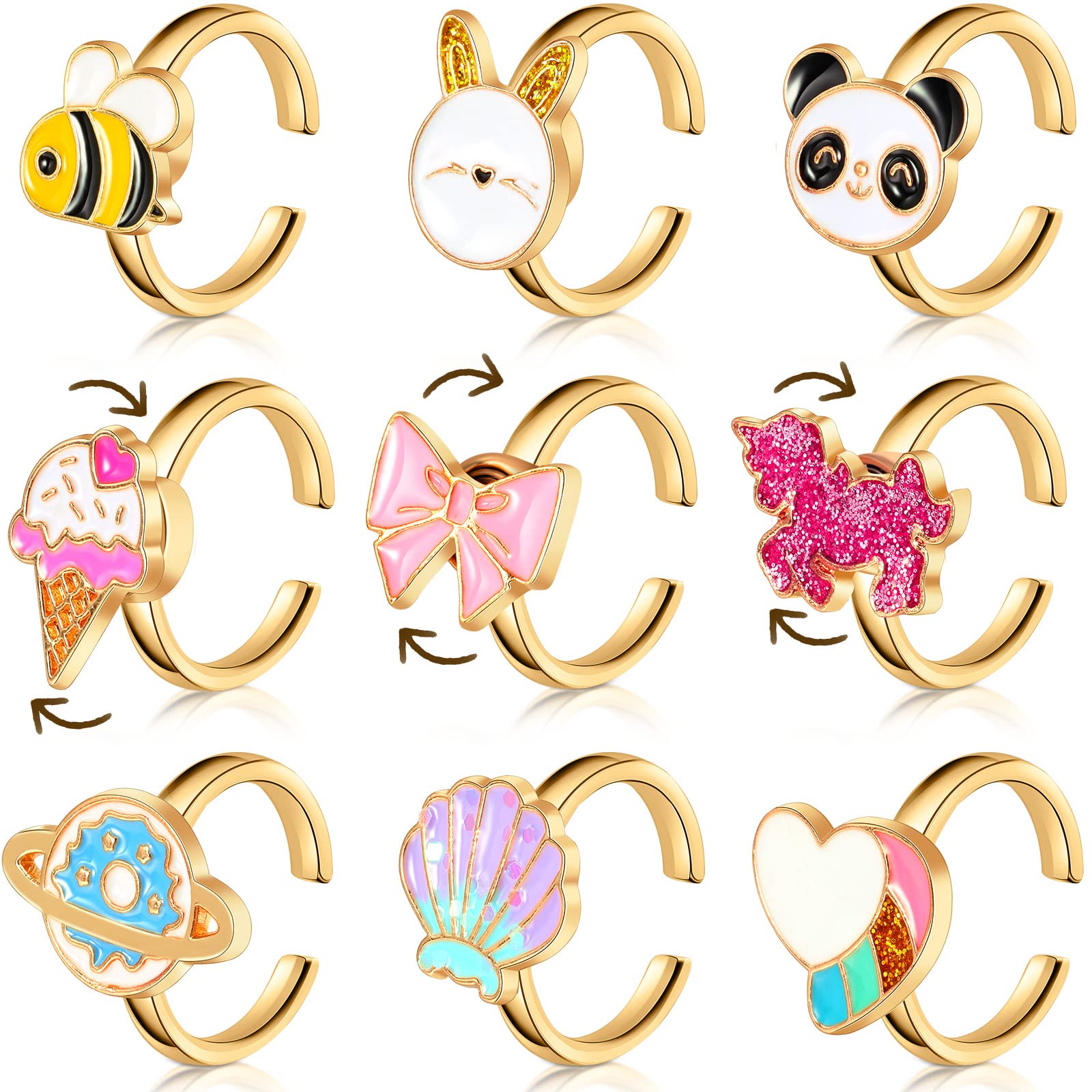 9-Piece Adjustable Fidget Ring Set – Rotating Spinner Rings for Stress Relief, Alloy, Colorful