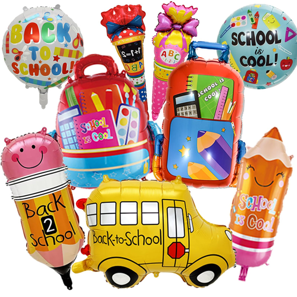 9-Piece Back to School Foil Balloon Set - Bus, Schoolbag, Pencil, Ice Cream Designs
