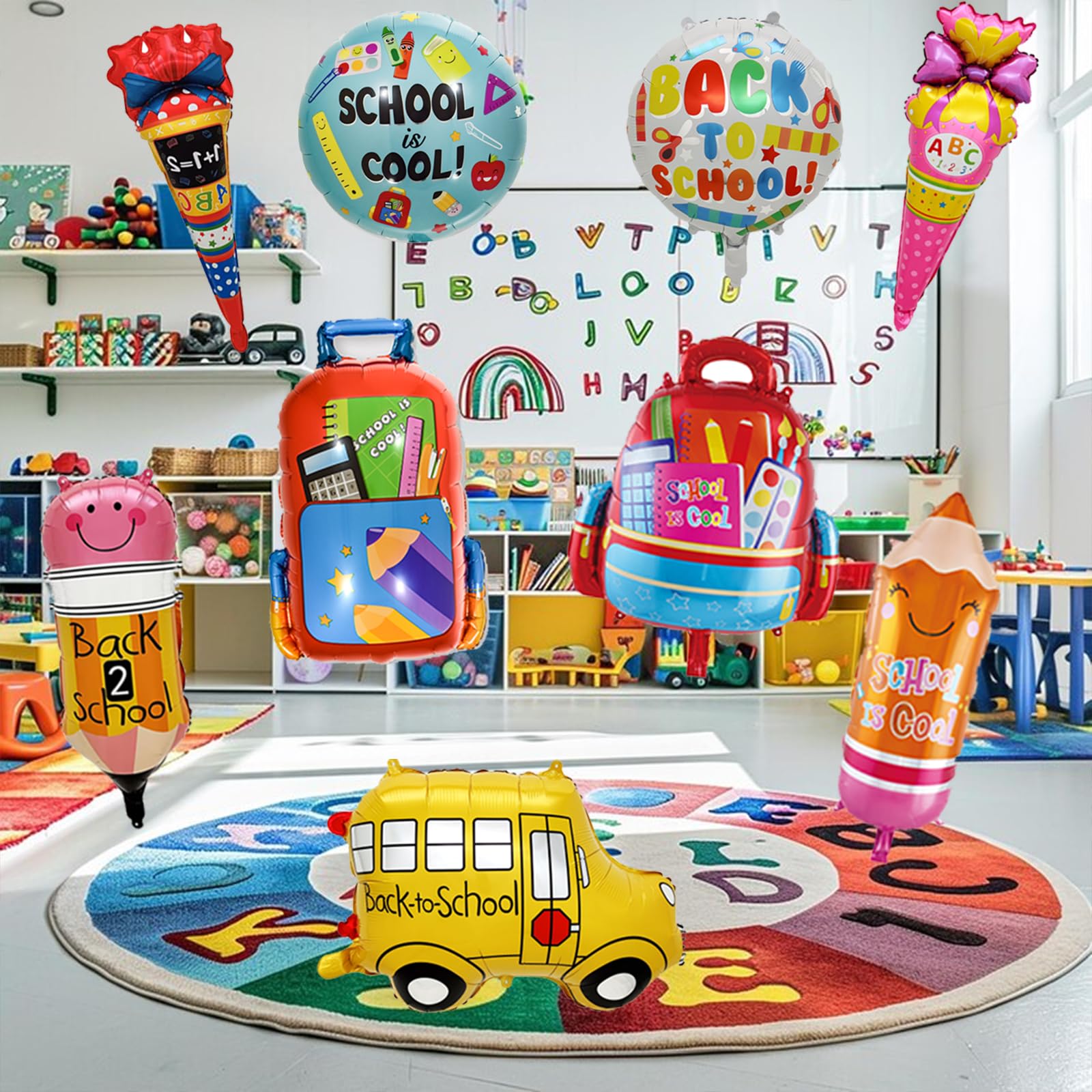 9-Piece Back to School Foil Balloon Set - Bus, Schoolbag, Pencil, Ice Cream Designs