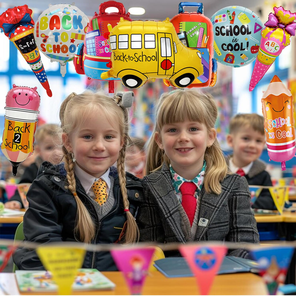 9-Piece Back to School Foil Balloon Set - Bus, Schoolbag, Pencil, Ice Cream Designs