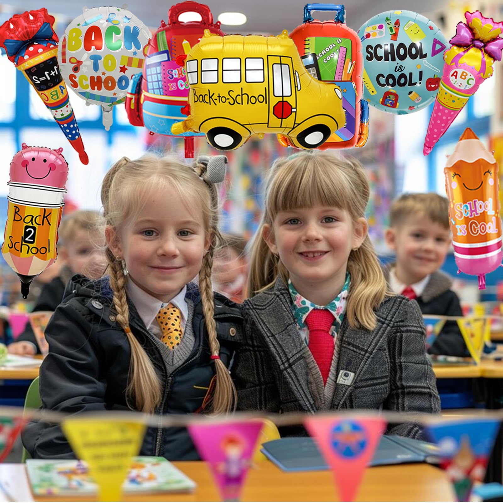 9-Piece Back to School Foil Balloon Set - Bus, Schoolbag, Pencil, Ice Cream Designs