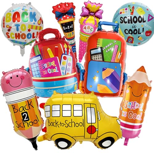 9-Piece Back to School Foil Balloon Set - Bus, Schoolbag, Pencil, Ice Cream Designs