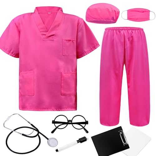 9-Piece Doctor Costume for Kids & Toddlers – Pink Scrubs Set with Real Stethoscope, Ages 3-12