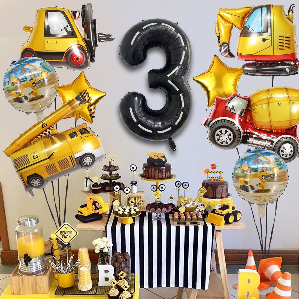 9-Piece DUNSEO Construction Truck Foil Balloons Set for Birthday Party Decorations