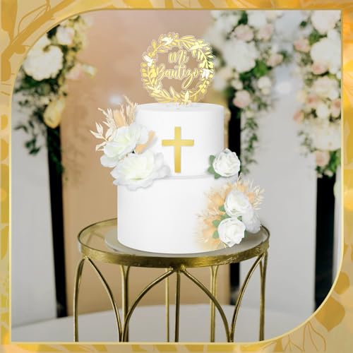 9 Pieces Baptism Cake Topper Set – Gold Cross, Acrylic & Dried Flowers for First Communion Decorations