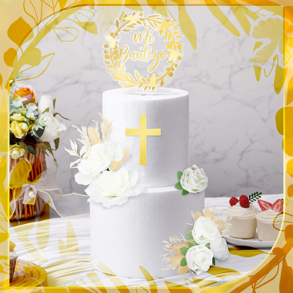 9 Pieces Baptism Cake Topper Set – Gold Cross, Acrylic & Dried Flowers for First Communion Decorations