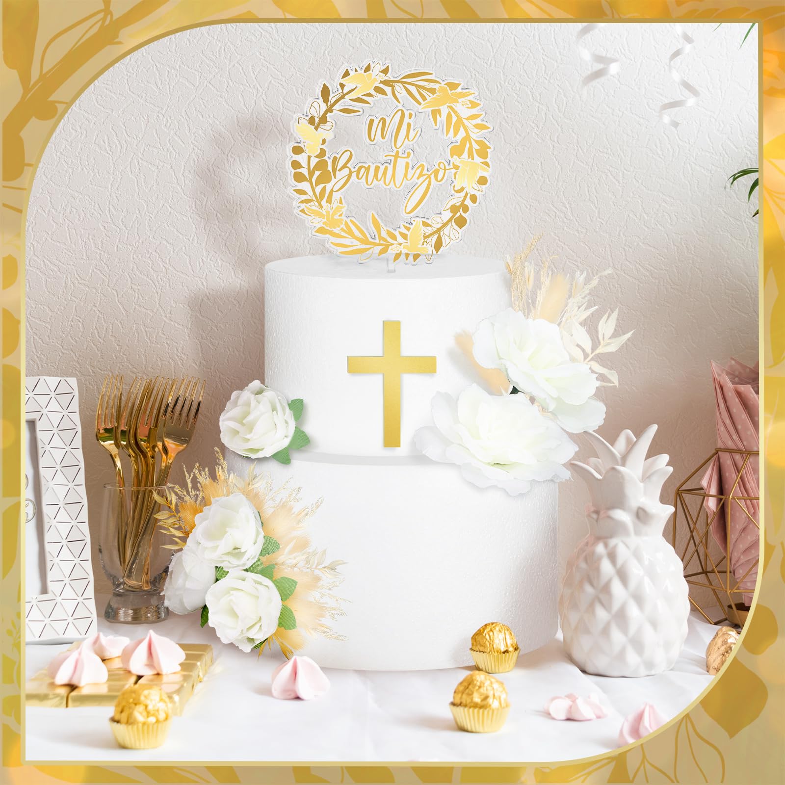 9 Pieces Baptism Cake Topper Set – Gold Cross, Acrylic & Dried Flowers for First Communion Decorations