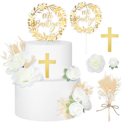 9 Pieces Baptism Cake Topper Set – Gold Cross, Acrylic & Dried Flowers for First Communion Decorations