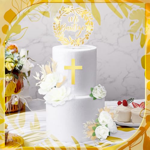 9 Pieces Baptism Cake Topper Set – Gold Cross, Acrylic & Dried Flowers for First Communion Decorations