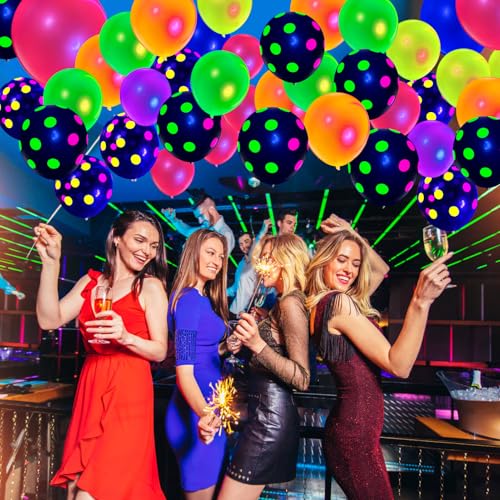 90 Neon Polka Dot Balloons – 12" UV Blacklight Reactive Glow in the Dark Latex Party Decorations