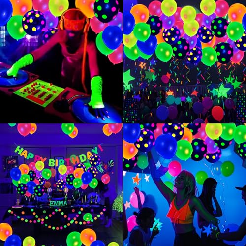 90 Neon Polka Dot Balloons – 12" UV Blacklight Reactive Glow in the Dark Latex Party Decorations