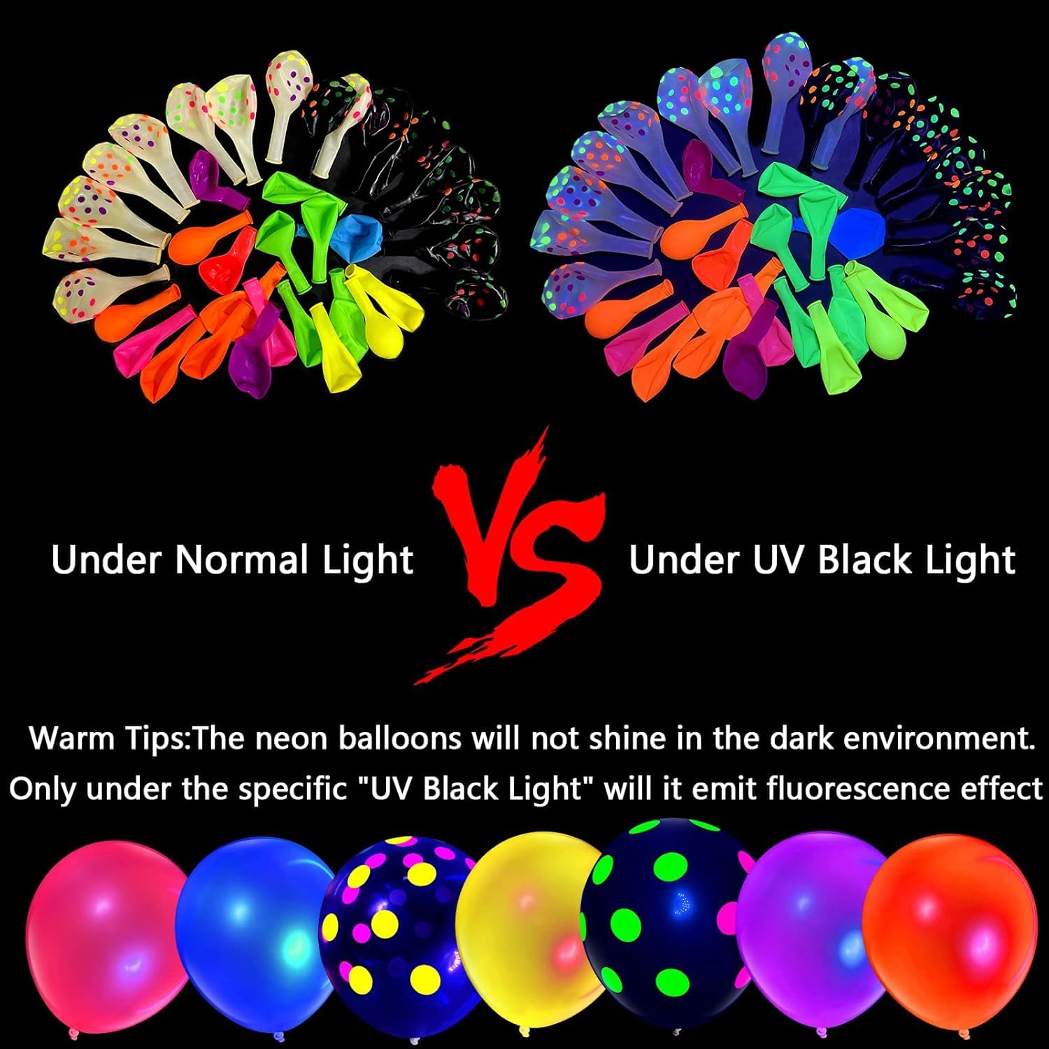 90 Neon Polka Dot Balloons – 12" UV Blacklight Reactive Glow in the Dark Latex Party Decorations