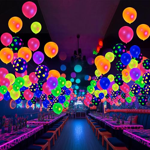 90 Neon Polka Dot Balloons – 12" UV Blacklight Reactive Glow in the Dark Latex Party Decorations