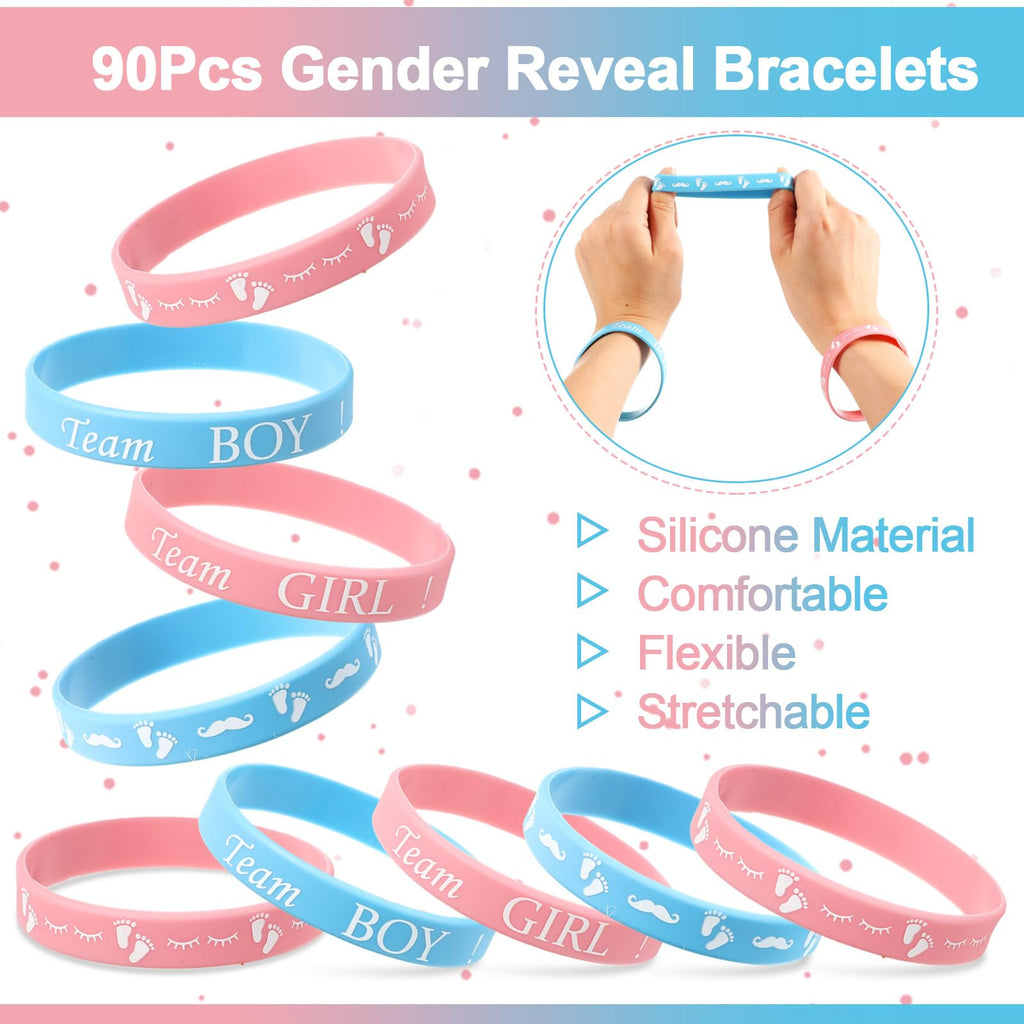 90-Piece Gender Reveal Bracelets Set – Team Boy and Team Girl Silicone Wristbands for Party Guests