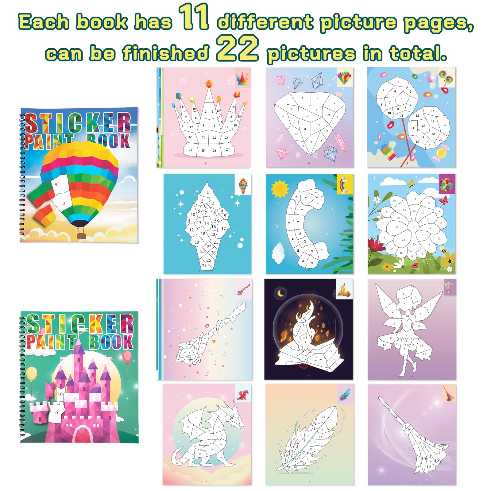 90shine 2-Pack Sticker Books for Kids Ages 4-8 – 22 Scenes, Repositionable Stickers, Perforated Pages