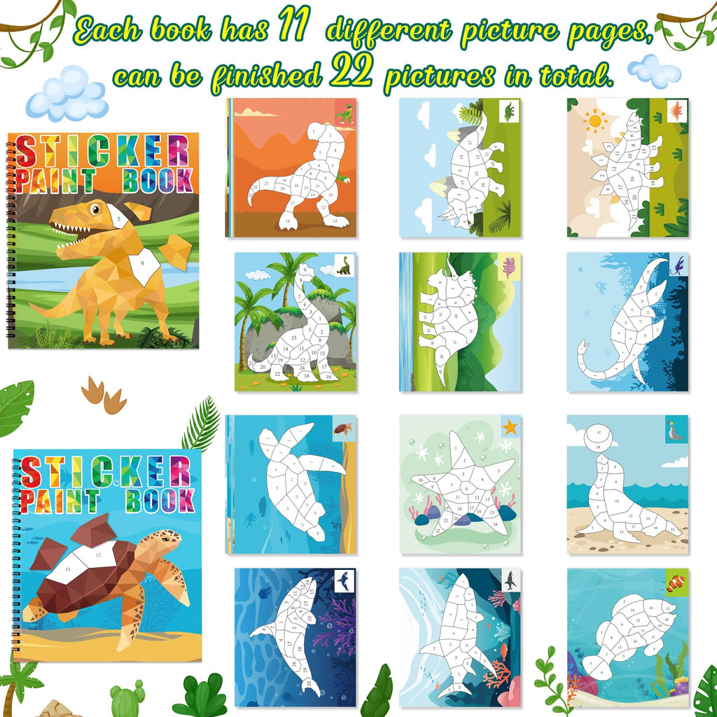 90shine Dinosaur & Underwater Sticker Books - 2 Pack with 22 Scenes for Kids Ages 4-8