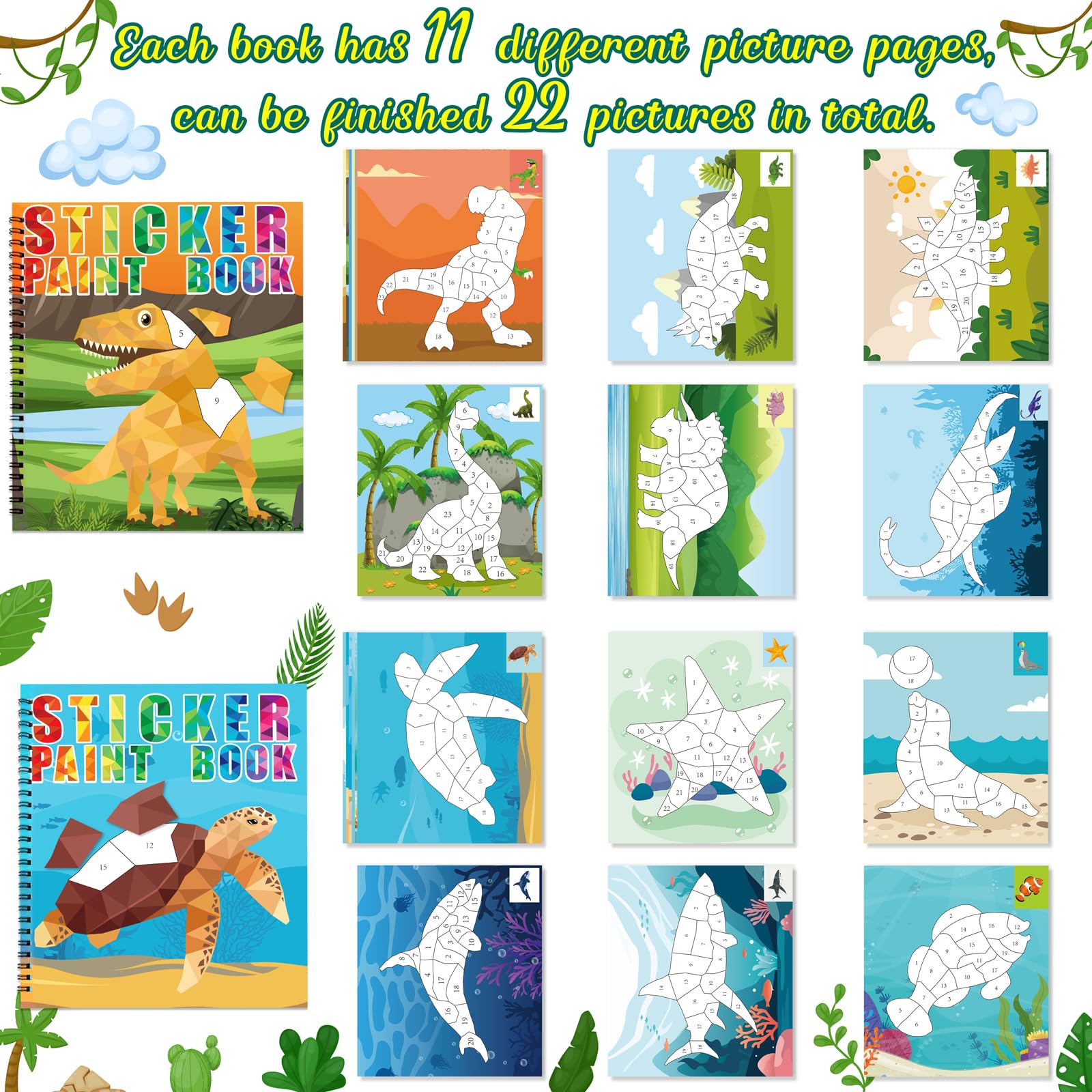 90shine Dinosaur & Underwater Sticker Books - 2 Pack with 22 Scenes for Kids Ages 4-8
