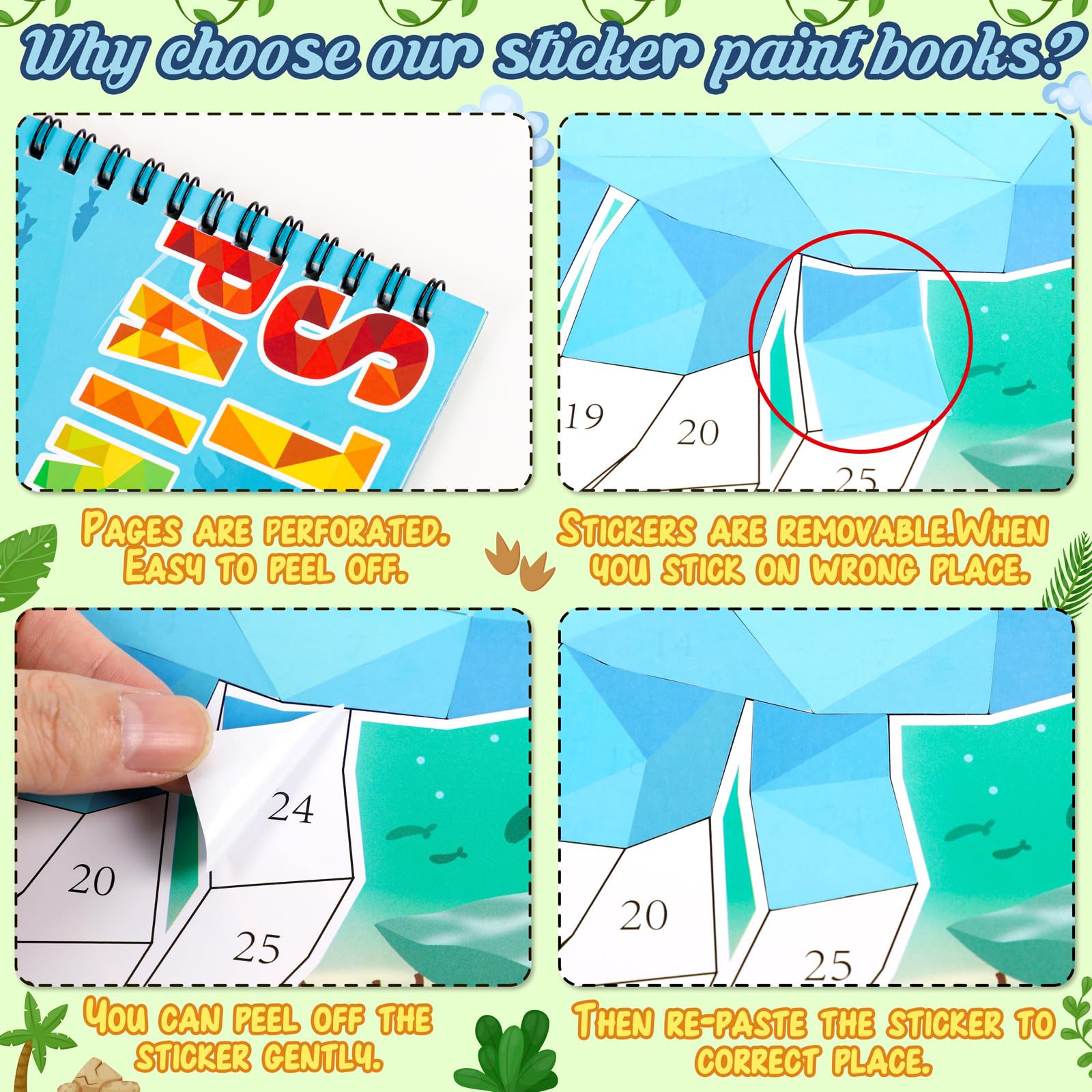 90shine Dinosaur & Underwater Sticker Books - 2 Pack with 22 Scenes for Kids Ages 4-8