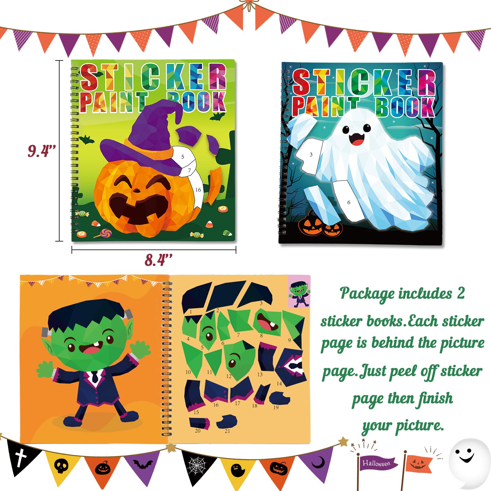 90shine Halloween Sticker Books for Kids Ages 4-8 – 2 Books with 22 Pictures to Create, Removable Stickers