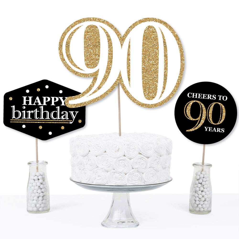 90th Birthday Centerpiece Sticks Set of 15 – Gold Table Toppers with No-Mess Glitter Print