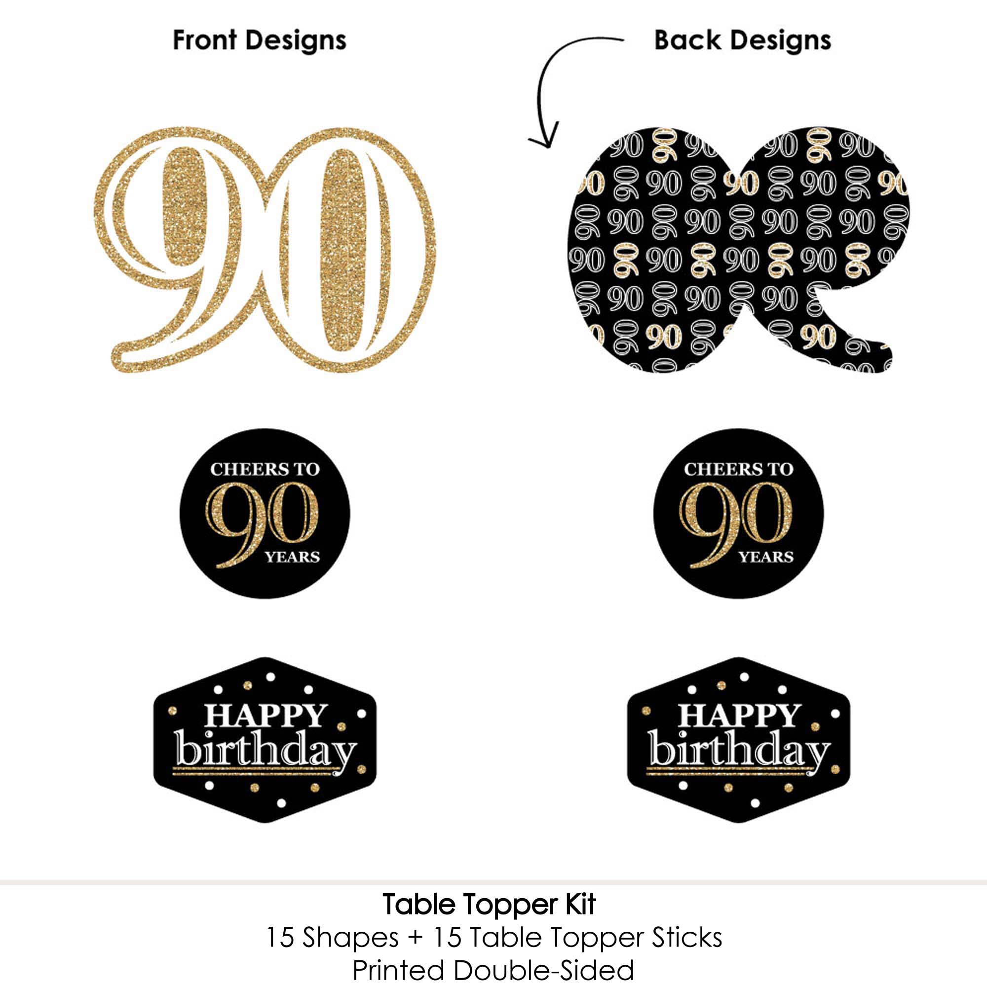 90th Birthday Centerpiece Sticks Set of 15 – Gold Table Toppers with No-Mess Glitter Print