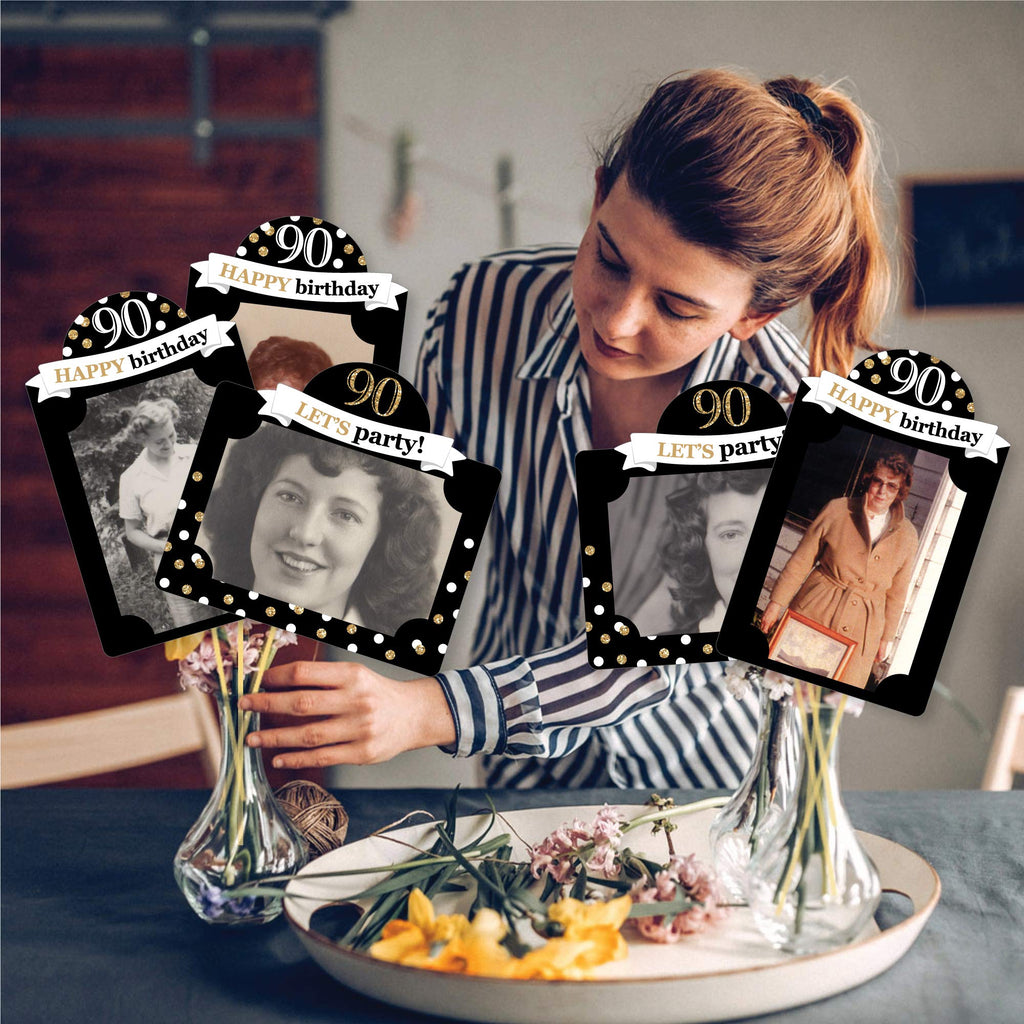 90th Birthday Photo Centerpiece Kit – 15 Double-Sided 4x6 Photo Holders with Sticks, Gold Party Decoration