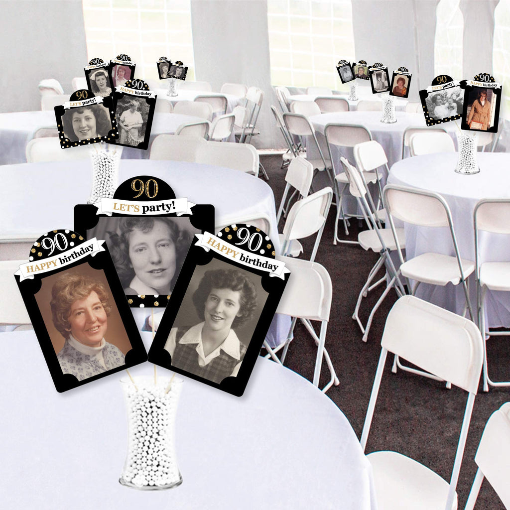 90th Birthday Photo Centerpiece Kit – 15 Double-Sided 4x6 Photo Holders with Sticks, Gold Party Decoration