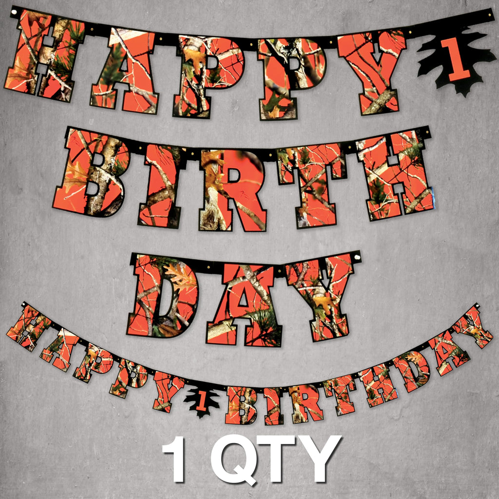 Havercamp Orange Camo Happy Birthday Banner – Camouflage Party Decor for Hunters & Nature Themes