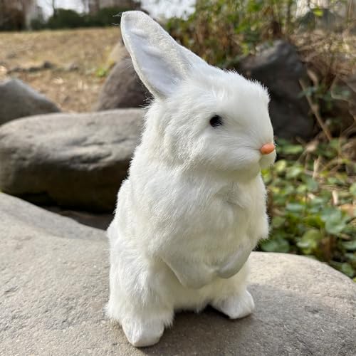 9.25 Inch Faux Fur Plush Rabbit – Lifelike Hare with Inner Skeleton, White – Easter Decor & Gift
