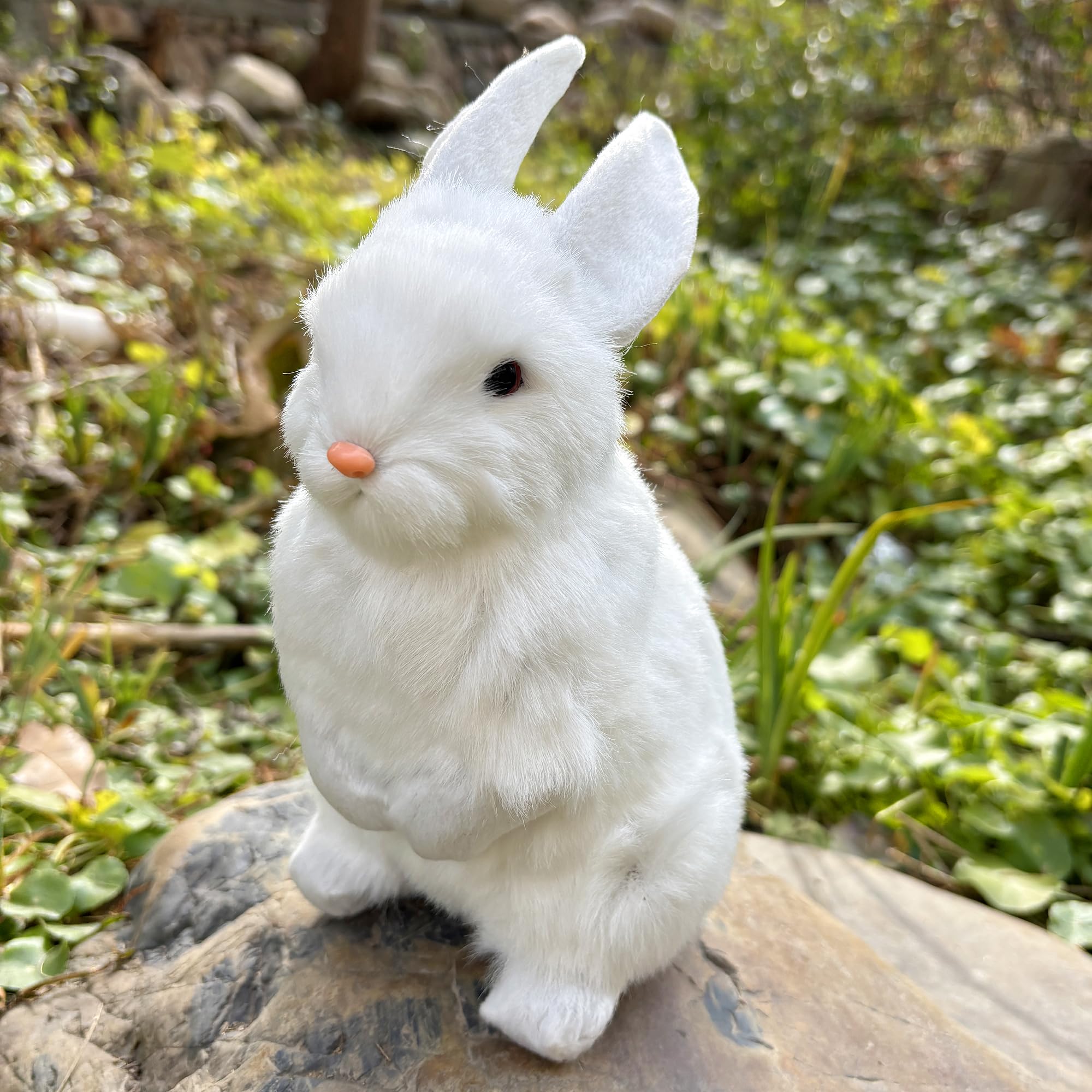 9.25 Inch Faux Fur Plush Rabbit – Lifelike Hare with Inner Skeleton, White – Easter Decor & Gift