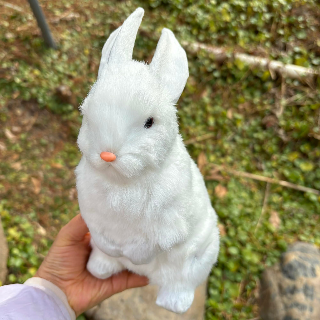 9.25 Inch Faux Fur Plush Rabbit – Lifelike Hare with Inner Skeleton, White – Easter Decor & Gift