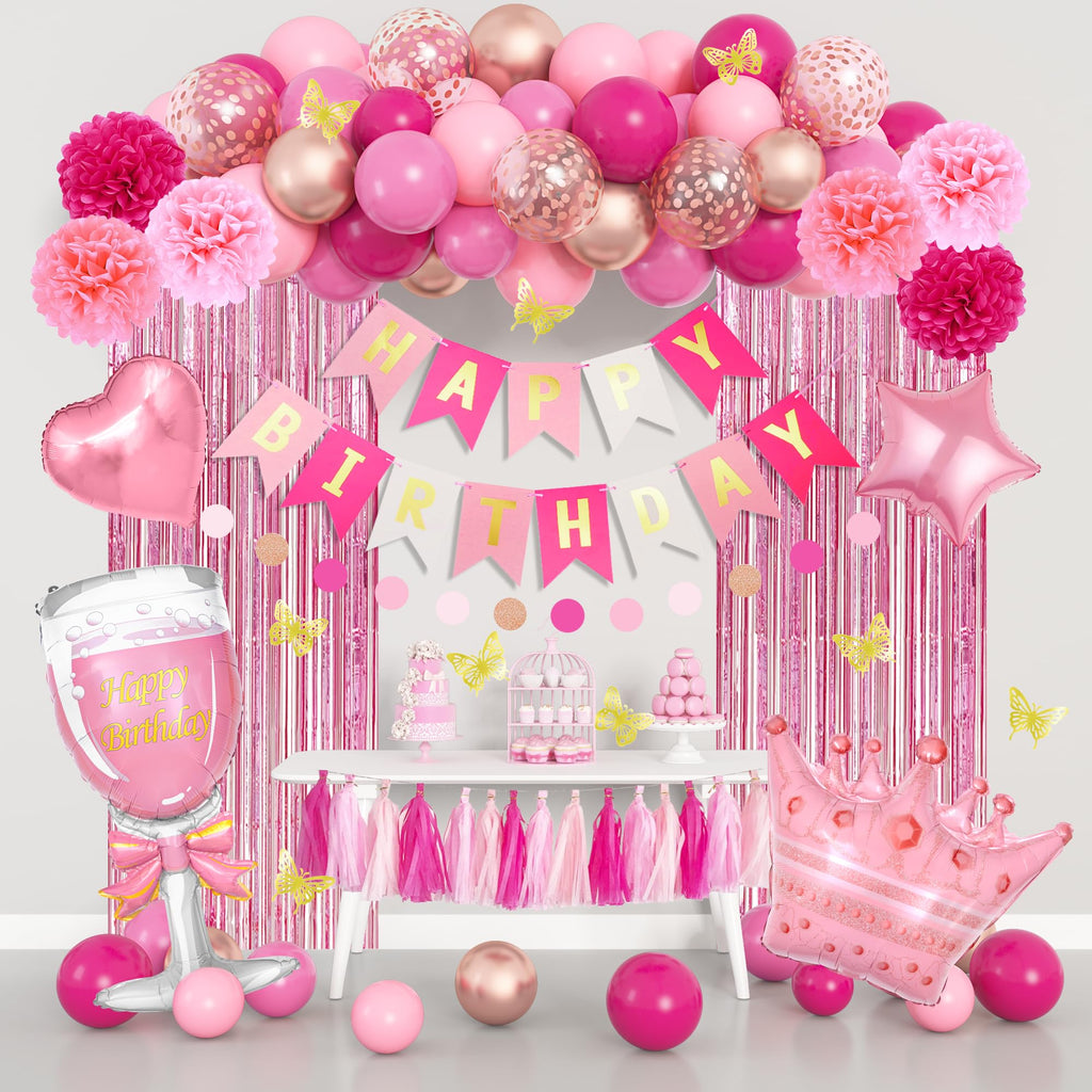95-Piece Pink Birthday Party Decoration Kit with Balloons, Banner, and Butterfly Decor by Ouddy Party