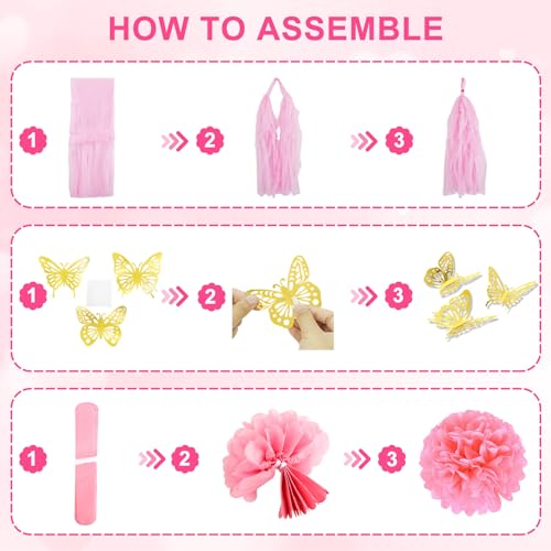 95-Piece Pink Birthday Party Decoration Kit with Balloons, Banner, and Butterfly Decor by Ouddy Party