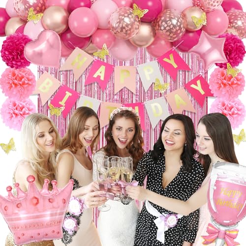 95-Piece Pink Birthday Party Decoration Kit with Balloons, Banner, and Butterfly Decor by Ouddy Party