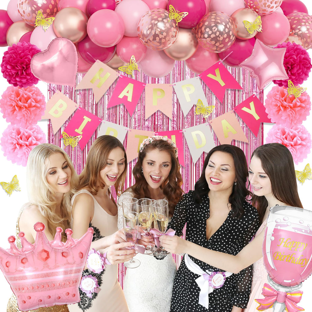 95-Piece Pink Birthday Party Decoration Kit with Balloons, Banner, and Butterfly Decor by Ouddy Party