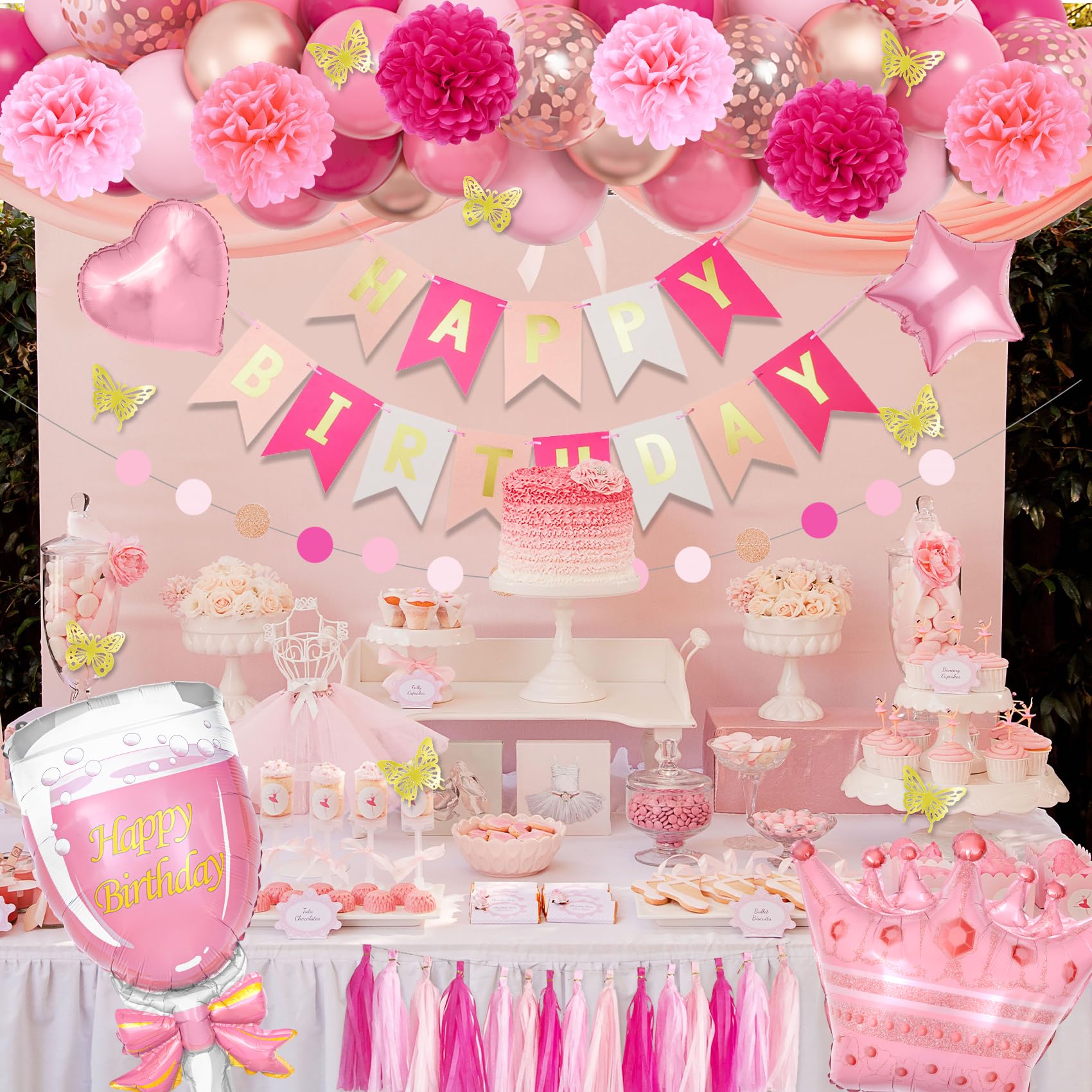 95-Piece Pink Birthday Party Decoration Kit with Balloons, Banner, and Butterfly Decor by Ouddy Party