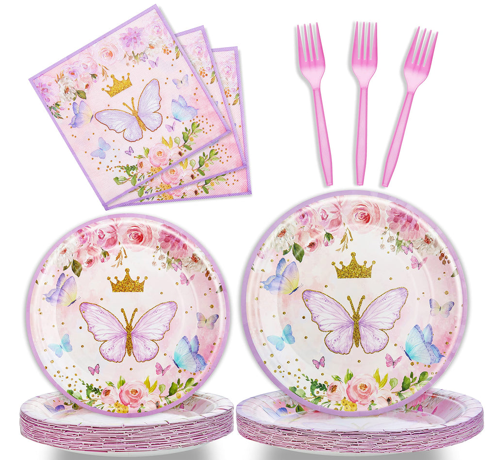 96-Piece Butterfly Birthday Party Tableware Set – Disposable Plates, Napkins, Forks for 24 Guests