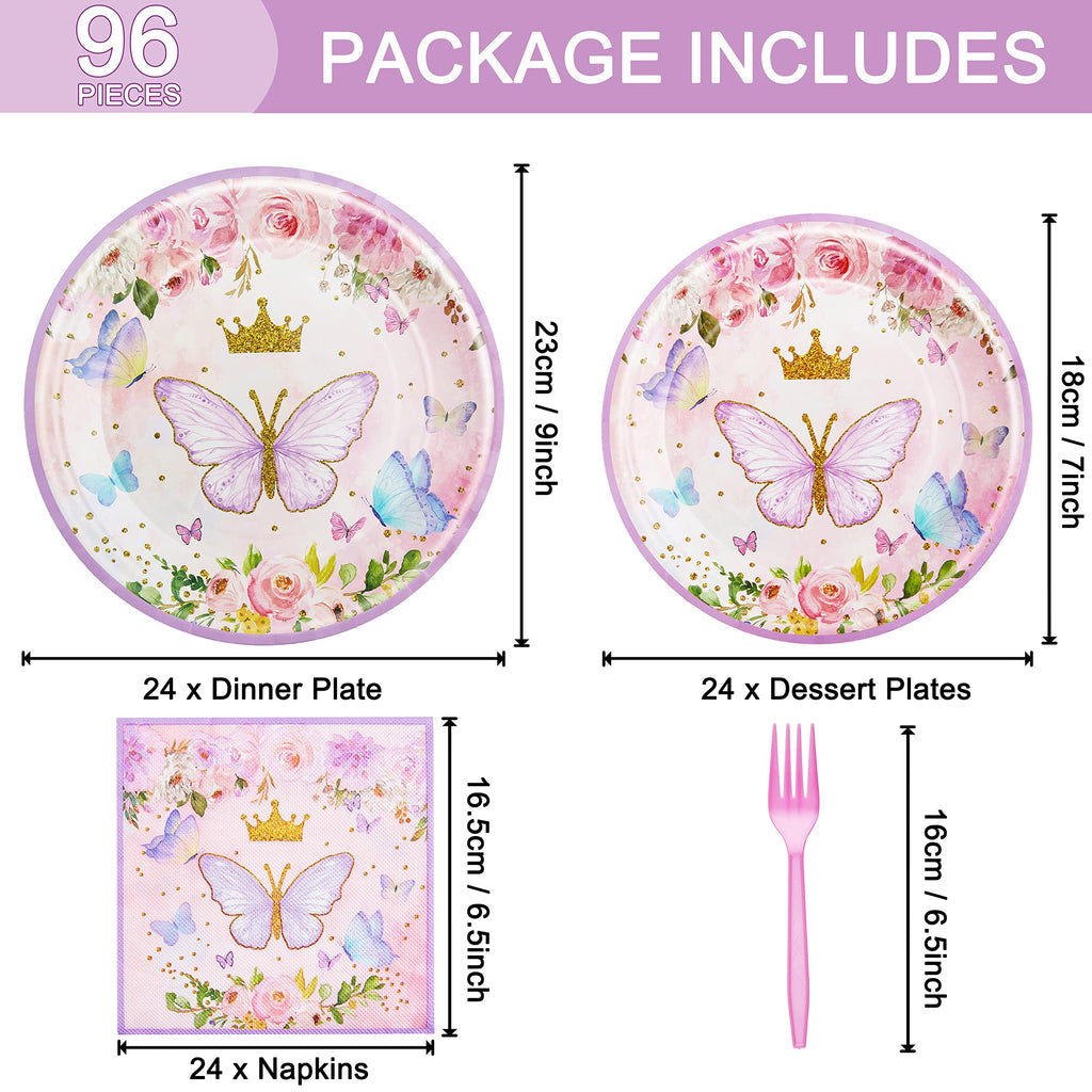 96-Piece Butterfly Birthday Party Tableware Set – Disposable Plates, Napkins, Forks for 24 Guests