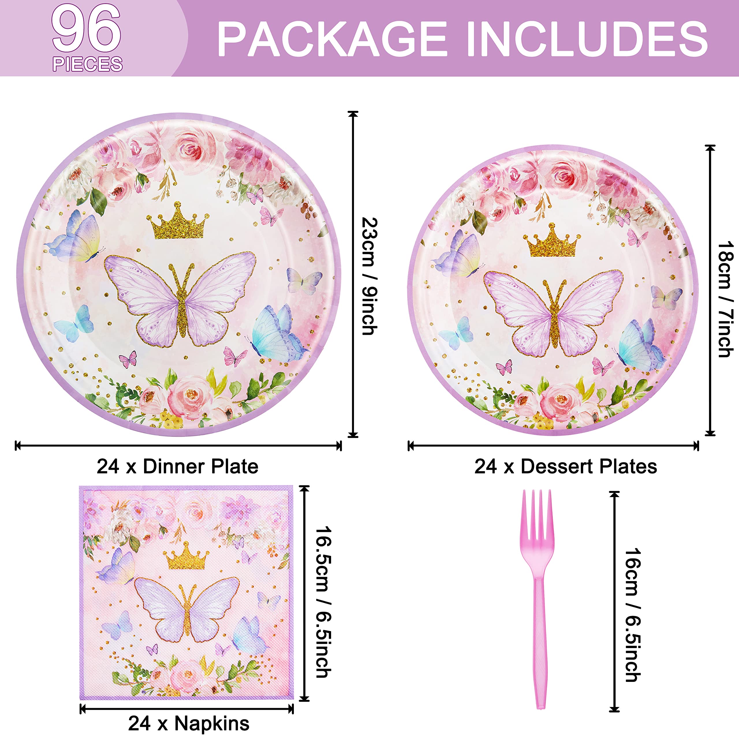 96-Piece Butterfly Birthday Party Tableware Set – Disposable Plates, Napkins, Forks for 24 Guests
